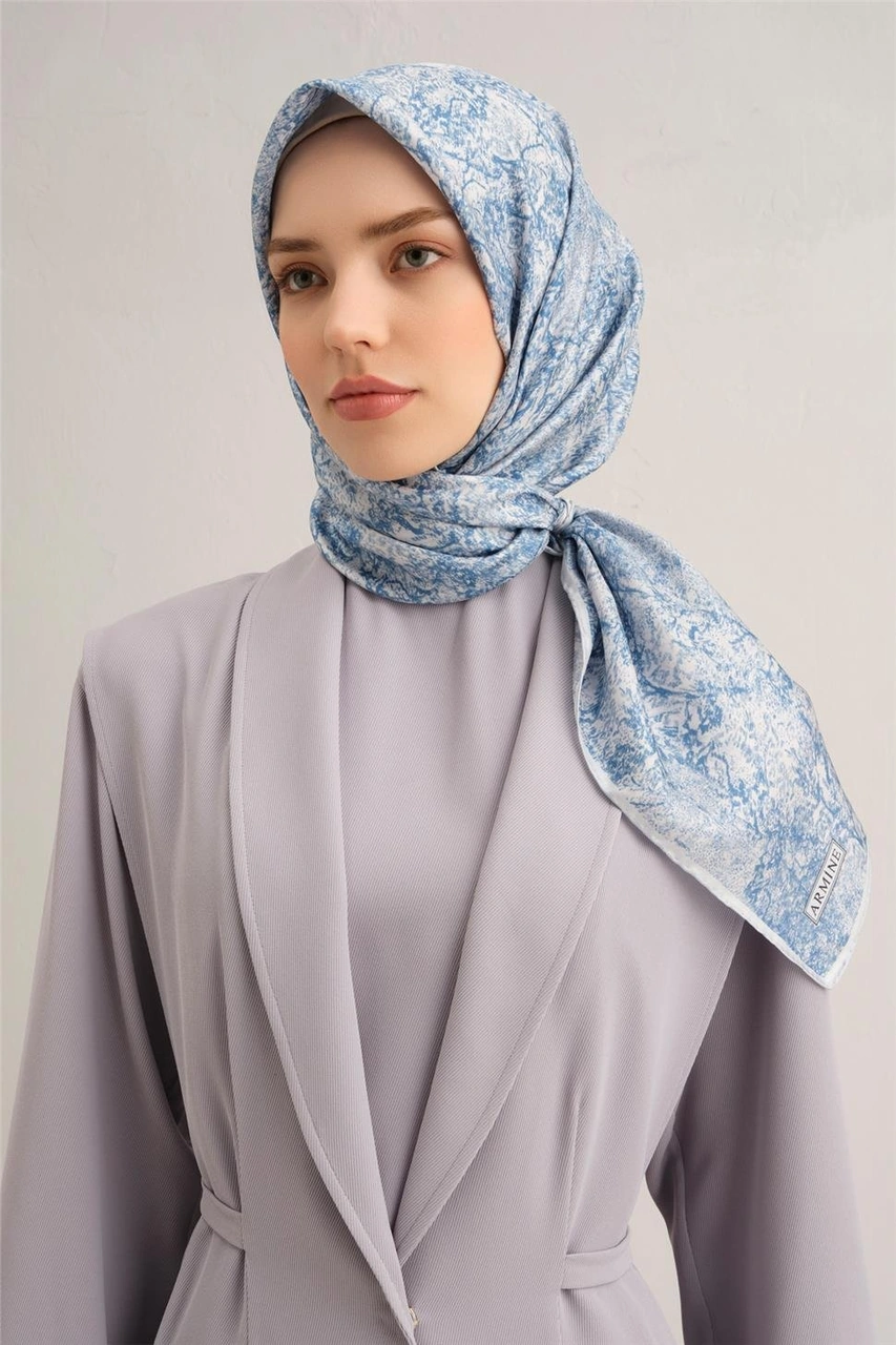 Armine Soyut Desenli Saf İpek Sura Eşarp 9311d 33 Mavi