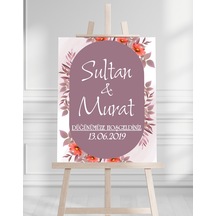 Söz Nişan Düğün İçin 50x70 Karşılama Panosu - Mor Çiçek Desenli 003 Beyaz