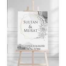 Söz Nişan Düğün İçin 50x70 Karşılama Panosu - Gri Çiçek Desenli 005 Beyaz