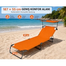 Turuncu Renk Taşınabilir Katlanır Kamp Plaj Şezlongu Güneş Korumalı Gölgelikli 187 55 Cm Ölçülerinde