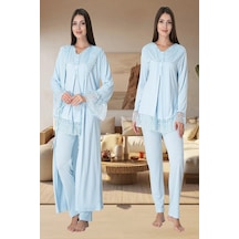 Effortt Dvina Lohusa Hamile Dantel Detaylı Sabahlıklı Ve Uzun Kollu Pijama Takımı -3'lü Set - Mavi Mavi
