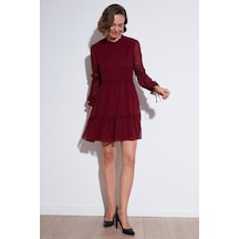 Lela Regular Fit Dik Yaka Büzgülü Astarlı Mini Bayan Elbise 611El345 Bordo