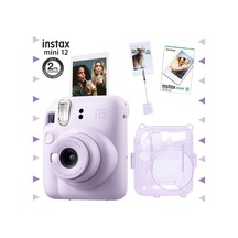 Fujifilm Instax Mini 12 Fotoğraf Makinesi + 10'lu Film + Kıskaçlı Resim Standı + Simli Pleksi Kılıf Seti Lila