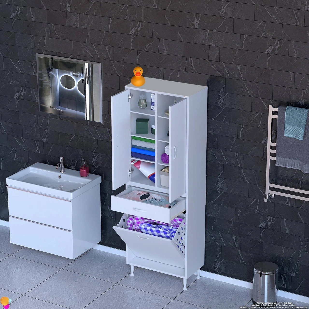 Yeni Kayra Tek Çekmece, 1 Göz Sepet, 2 Kapak, 8 Raf Dar Alan Banyo Dolabı 55x173x32,5 Cm Beyaz