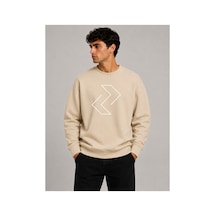 Herkesemoda Yön İşaretleri Desen Baskılı Bisiklet Yaka Şardonlu 2 İplik Sweatshirt Bej