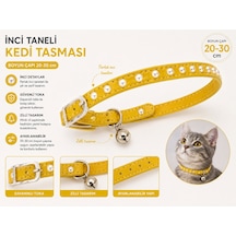 İnci Taneli Kedi Tasması 20-30 Cm Zilli Ayarlanabilir Metal Tokalı - Sarı
