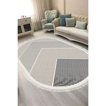 Alanur Kaymaz Yıkanabilir Dijital Baskılı Salon Halısı Trend Saçaklı Oval Geometrik Al4048 krem