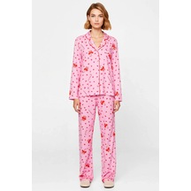 Benerly Kadın Gömlek Yaka Standart Kol Regular Kalıp Dokuma Pijama Takımı Pembe