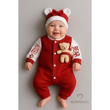 Babyden's Teddy Bear Temalı Yenidoğan Fitilli Tulum Takımı Ayıcıklı Kız Bebek Tulum Şapka Set %100 Pamuk Bordo