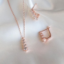 4 Taşlı Rose Gold Kaplama Gümüş Set Gümüş