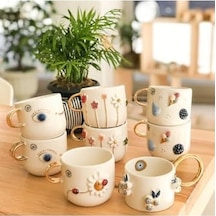 El Yapımı Bahar Çiçekleri Kabartmalı Kupa 24 Ayar Altın Dekorlu 300 Ml Mug Spring Flower Acı Kahve