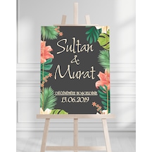 Söz Nişan Düğün İçin 50x70 Karşılama Panosu - Tropikal Çiçek Temalı Beyaz