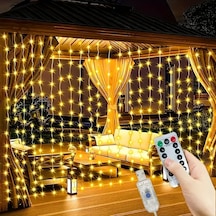 300 Ledli 10 Sarkıt Perde Led Işık-8 Fonksiyon, Uzaktan Kumandalı, 3x3 Metre 5705 Sarı