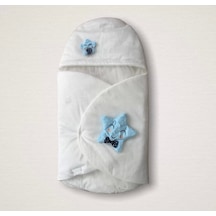 Yenidoğan Çift Yıldız Detaylı Şapkalı Duvaklı Erkek Bebek Klasik Kundak Bebek Battaniyesi Ekru Ekru