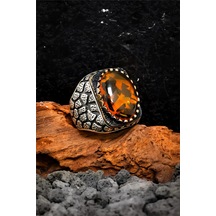 Sıkma Kehribar Taşlı Karartmalı Gümüş Erkek Yüzük-8509 Gümüş
