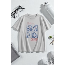 Uyguntarz Unisex Talk İs Cheap Baskılı Oversize Tshirt Gri