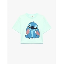 Koton Lisanslı Stitch Baskılı Simli Bisiklet Yaka Kısa Kollu Pamuklu Tişört Yeşil 6skg10024ak