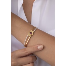 Gümüş Pazarım Kırmızı Taşlı Çift Şeritli Altın Kaplama Kadın Çelik Kelepçe Bileklik Renkli