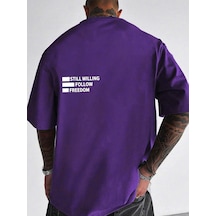 Unisex Mor Oversiz Still Follow Freedom Baskılı Örme T-shirt Mor
