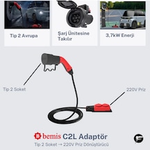 Bemis C2l Charger To Load Elektrikli Araç Şarj Ünitesinden Enerji Alma Adaptörü 3 Metre 3,7 Kw