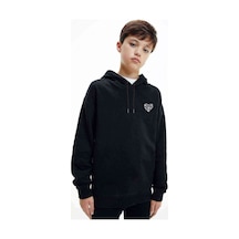 Tshirthane Kalp Baskılı Unisex Çocuk Kapüşonlu Siyah Sweatshirt Siyah