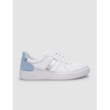 %100 Hakiki Deri Beyaz - Mavi Bağcıklı Kadın Sneaker-beyaz Beyaz