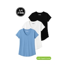Kadın 3'lü Paket Siyah-beyaz-mavi %100 Organik Pamuk Normal Kesim Tişört V Yaka T-shirt Mavi