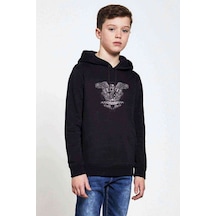 Tshirthane Us Army Logo Baskılı Unisex Çocuk Kapüşonlu Siyah Sweatshirt Siyah