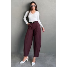 Madmext Mürdüm Modern Kesim Kemerli Yüksek Bel Bol Paça Kumaş Pantolon Mg2618 Mürdüm