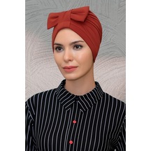 Hürrem Bone Kiremit Pratik Hazır Geçmeli Tesettür Bone Sandy Kumaş Fiyonklu B Kiremit