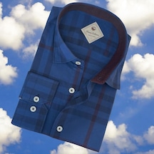 Pamuklu Uzun Kollu Mavi Çizgi Bloklu Erkek Gömlek Slim Fit Kalıp -9864 Mavi