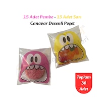 30 Adet Pembe-sarı Renkli Canavar Desenli Cake Pop & Kurabiye Poşeti-10x15 Cm