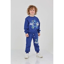 Toontoy Erkek Çocuk 2'li Takım Baskılı Bisiklet Yaka Sweatshirt & Beli Paçası Lastikli Cepli Jogger Eşofman Altı - 2 İplik Saks