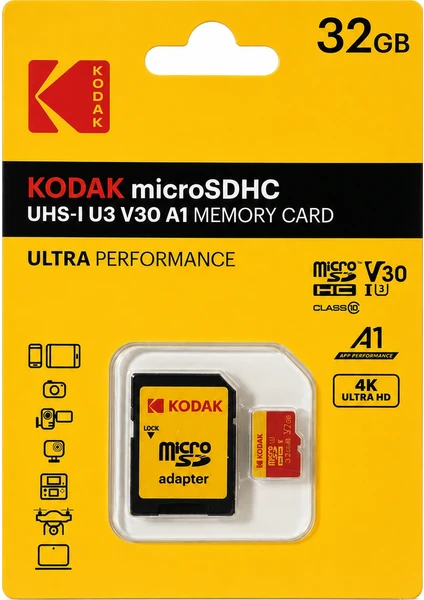 Kodak 32gb Micro Sd Uhs-ı U3/v30/a1 Hafıza Kartı + Adaptör Kırmızı