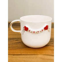 24 Ayar Altın Detaylı, Kalp Kabartmalı, El Yapımı, Kalpli Mug, 300 Ml, Heart Mug, Love Mug Beyaz - Çok Renkli