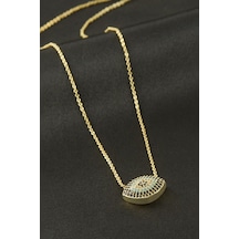 Oval - 292 - Zirkon Taşlı - Nazblsmm - Kolye Sarı Metal