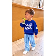 Elzo Collection Erkek Çocuk Ön Yazı Baskılı Sweatshirt Çizgili Gabardin Denim Kot Pantolon Alt Üst Takım Açık Mavi - Lacivert