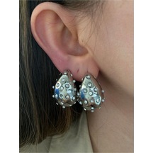 Kadın Zirkon Taşlı İncili Damla Çelik Kararmaz Altın Kaplama Küpe Gümüş