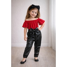 Özge Başaran Kız Çocuk Likralı Deri Fiyonk Detaylı Pantolon Kırmızı Straplez Crop Bluz Ve Saç Kırmızı