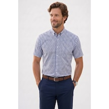 Tudors Erkek Regular Fit Rahat Kesim Düğmeli Yaka Kareli Kısa Kol Pamuklu Lacivert Gömlek-51216