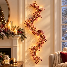 Bakgelal 190 Cm Kokina Görünümlü Yılbaşı Süsleme Dalı Kar Efektli Kırmızı Meyveli Dekoratif Garland, Kapı Ve Merdiven Süsü 3 Metre Peri Led Hediye - 9076523241771 Diğer