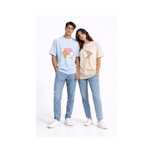 Sevgili Kombini Ayıcık Kalp Baskılı Çift Tişört Oversize Unisex Partner Kombin Seti Mavi
