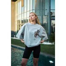 Unisex Bisiklet Yaka Baskılı Oversize T-shirt - Boyalı Gri Boyalı Gri