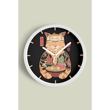 Kedi Ramen Modern Tasarım Duvar Saati - 30cm - Önü Camlı Beyaz Kasa - Sessiz Mekanizma Beyaz