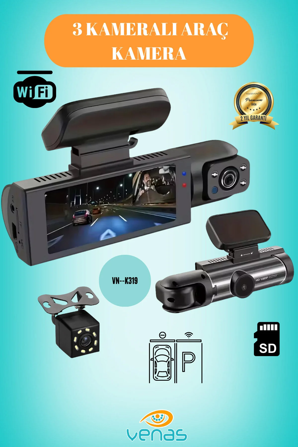 Geniş Açı 1080p Full Hd 3 Kameralı Wifi Hafıza Kartına Kayıtlı Araç Kamerası