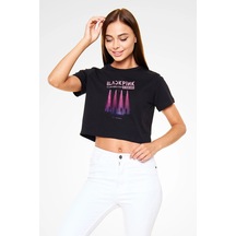 Adrift Black Pink Baskılı Kadın Siyah Crop Top Tişört Siyah