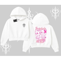 Born To Be A Star Yazılı Sevimli Kedi Arka Baskılı Kapşonlu Crop Sweatshirt Beyaz