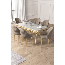 Canisa Pem Serisi 90x160 Lak Panel Beyaz Mermer Desen Gold Ayak Masa Takımı 6 Cappucino Sandalye Beyaz Mermer Desen Masa Sandalyeler Cappucino