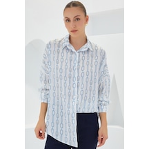 Bigdart Kadın Turkuaz Beyaz Desenli Oversize Saten Gömlek 3985 3985bgd19-040-14885 001