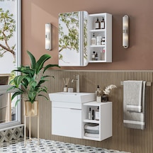 Likya Mdflam Lavabolu Banyo Dolabı Takımı, Tek Kapaklı 72 Cm Lavabolu Banyo Alt Dolabı + Üst Dolabı Beyaz